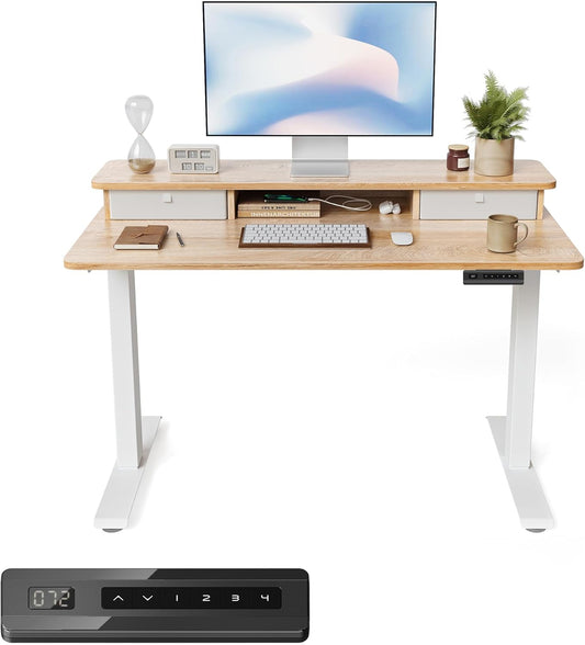 FEZIBO 40 x 24 Inch Height Adjustable Electric Standing Desk with Double Drawer, Computer Desk, Home Office Stand Up Table with 4 Height-Adjustable Feets & 2 Hooks, Maple
