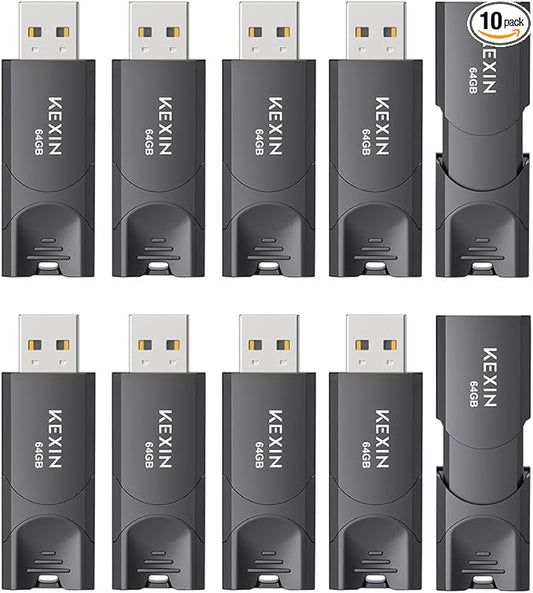 KEXIN 64GB Flash Drive 10 Pack Thumb Drive USB Flash Drive Zip Drive USB 2.0 Memory Stick Data Storage (64GB, Black)
