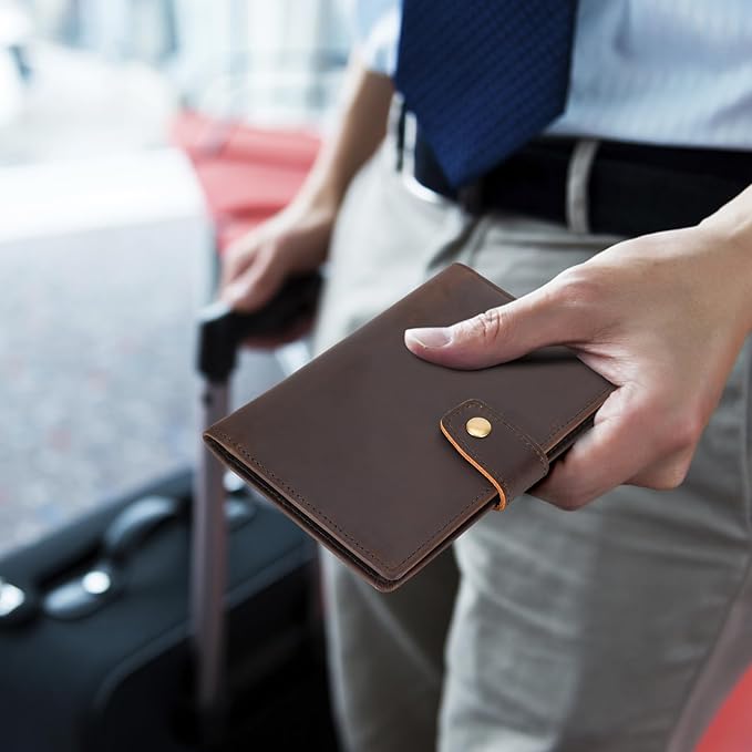 Polare Slim RFID Blocking Leather Passport Holder Travel Bifold Wallet For Men (Dark Brown(Snap Version))