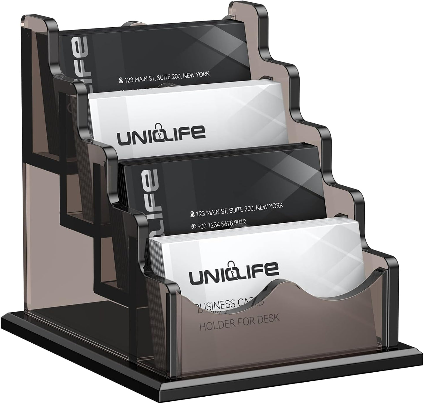 Uniclife Acrylic Business Card Holder for Desk 4 Slots Horizontal Business Card Display Stand for Men and Women Desktop Name Card Organizer Card Stand for Office Home, 240 Card Capacity, Black