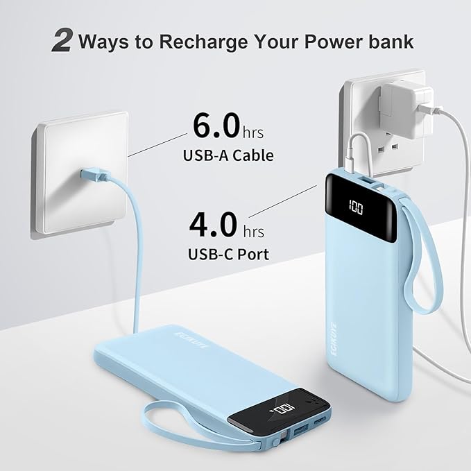 Power Bank 10000mAh Portable Charger with 4 Built-in Cables, Type-C in & Out Phone Charger, External Battery Charger Pack & Travel Essential for iPhone 16/15/14, Samsung, iPad, Android