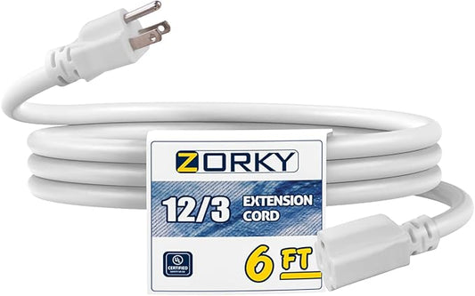 6ft Indoor Outdoor Extension Cord - 12/3 SJTW Heavy Duty Extension Cable with 3 Prong Grounded Plug for Safety -15Amp 1875W White Electric Cord Great for Garden, Appliances