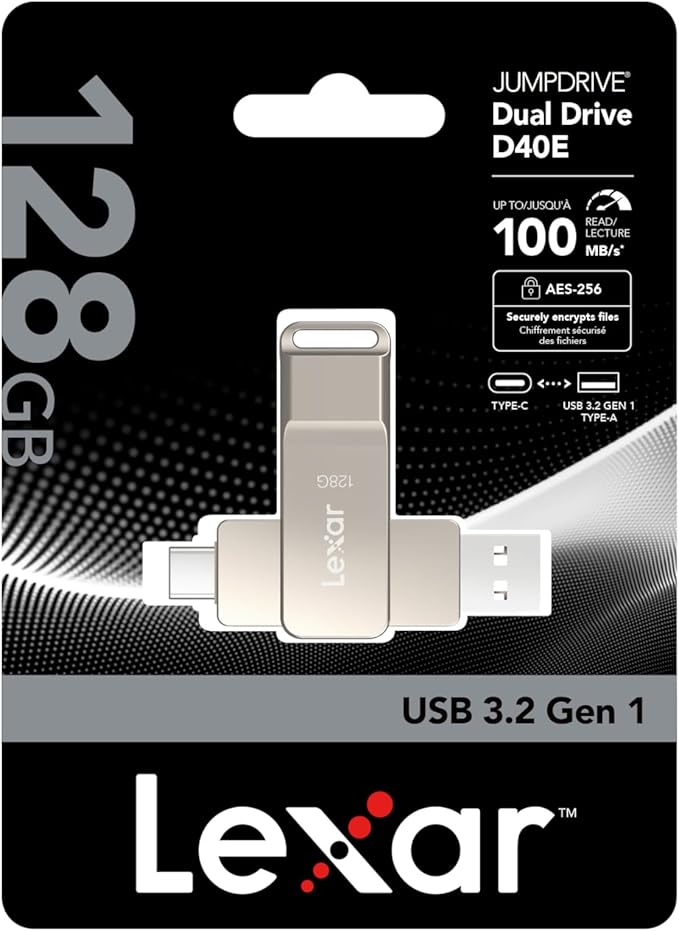 Lexar D40E 128GB Dual USB 3.2 Gen 1 Type-C Jump Drive, USB-C Flash Metal Housing Swivel Design Thumb Drive