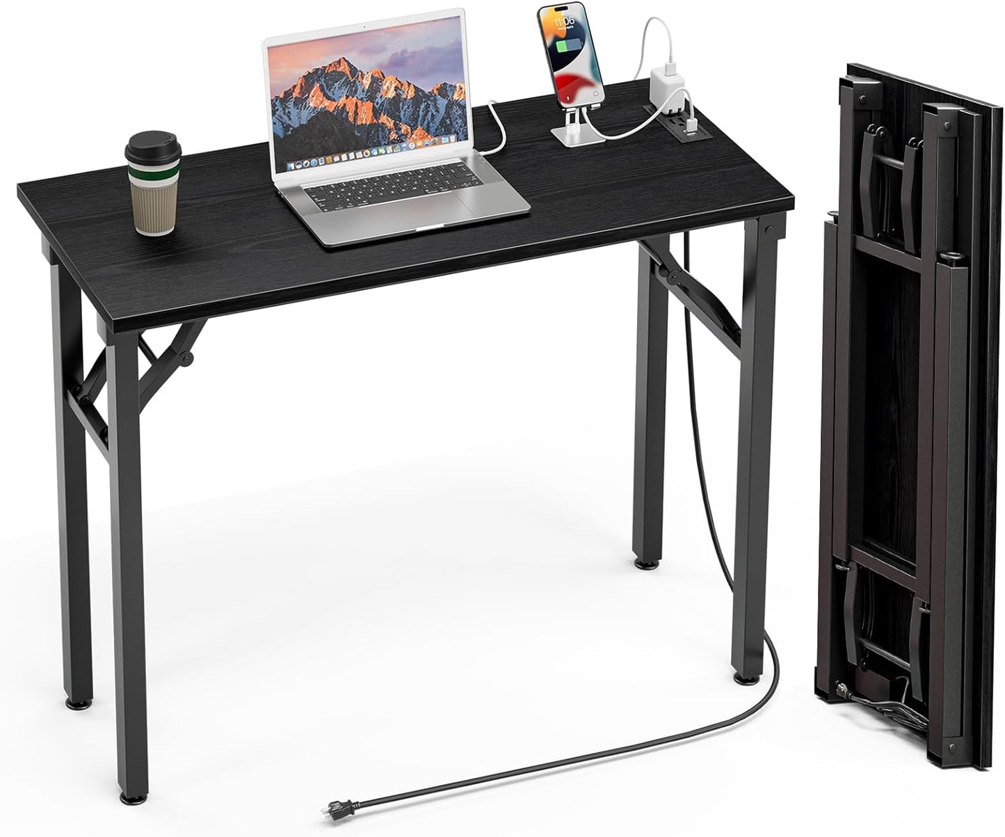 TEMI Small Computer Desk Folding Table - No Assembly, Compact 35.8" Foldable Desk with Power Outlets & USB Charging Port, Portable Small Office Desk, Ideal Mini Study Table, Dark Oak