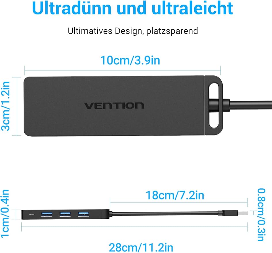 VENTION USB 3.0 Hub for Laptop- Multi USB Port Splitter, Ultra-Slim USB Extender Adapter, 4 Ports Fast Data Transfer for Laptop, MacBook, Printer, PS4, PC, Flash Drive, HDD, Wireless Mouse/Keyboard