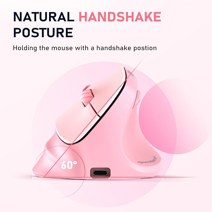 MEETION Ergonomic Mouse, Wireless Vertical Mouse RGB Backlit Rechargeable Mice for Bluetooth(5.2 + 3.0) USB-A with Type-c Adapter 4 Adjustable DPI Compatible Mac/Windows/Andriod/PC/Tablet/iPad Pink