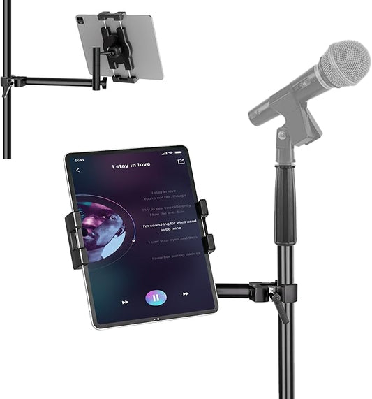 Aluminum Alloy Tablet Holder for Microphone Stand,iPad Music Stand Holder for Microphone,360°Swivel Tilt Adjustable L-Shape Super Crab Clamp Mount,Compatible with 4.7~12.9" iPad/Nexus/e-Reader/iPhone