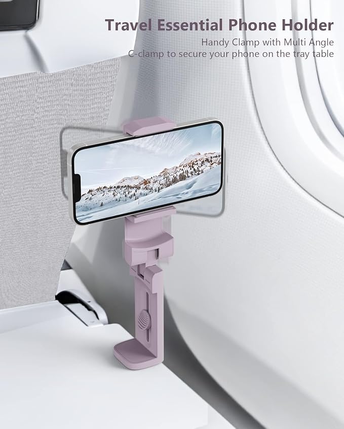 MiiKARE Travel Essentials Airplane Phone Holder, Universal Handsfree Phone Mount for Flying with 360 Degree Rotation, Travel Must Haves Phone Stand for Desk, Tray Table, Purple