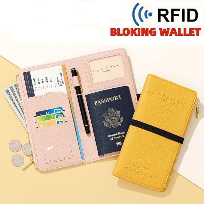 DOB SECHS Leather Passport Holder RFID Blocking Passport Wallet Case for Women, Travel Accessories Organizer Credit Cards Pouch Bag with ID Window+Zippered Cash Pocket+SIM Slots, Brown