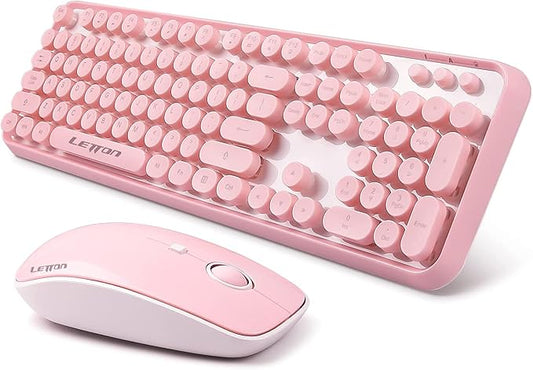 Pink Wireless Keyboard Mouse Combo,104 Round Keys Cute Colorful Keyboard Retro Typewriter Style,Letton Full Size Keyboard with Number Pad&Mouse with 3 DPI for PC Mac Laptop Computer Windows