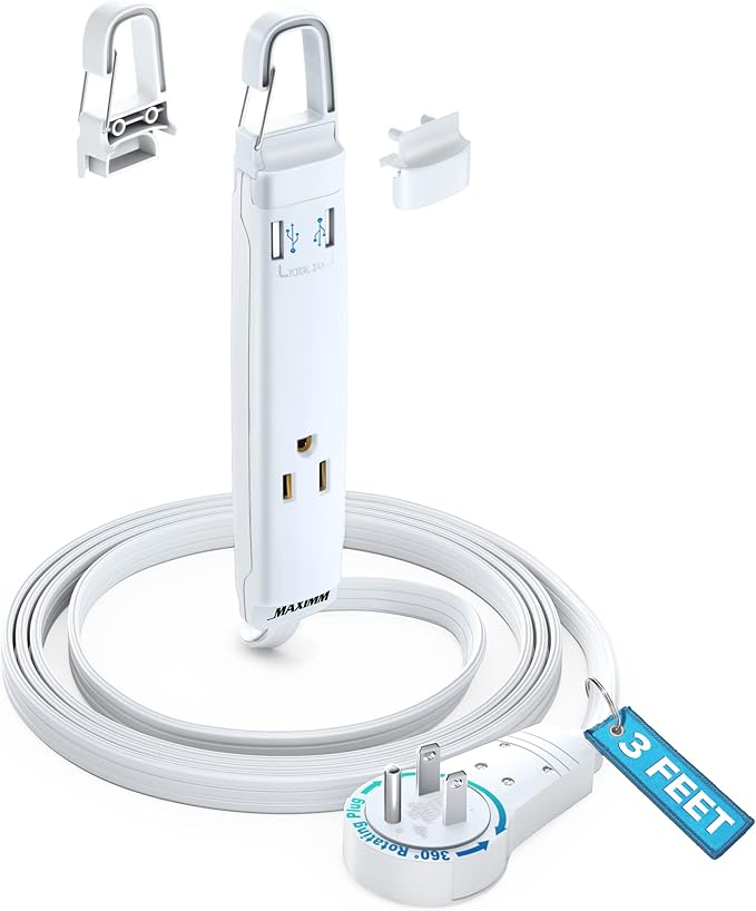 360° Rotating Flat Plug Extension Cord with USB Ports and a Removable Hook White Extension Cord 3 ft (16 Gauge) UL Certified