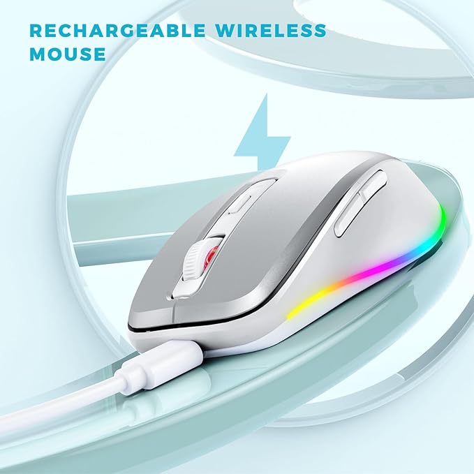 PEIOUS Wireless Mouse Jiggler - LED Wireless Mice with Build-in Mouse Mover, Rechargeable Moving Mouse for Laptop with Undetectable Random Movement Keeps Computers Awake - Silver