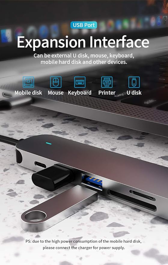 6-in-1 USB-C Hub with 4K@30Hz HDMI, Aluminum Alloy Shell - Multiport Adapter for MacBook, Laptop, and More