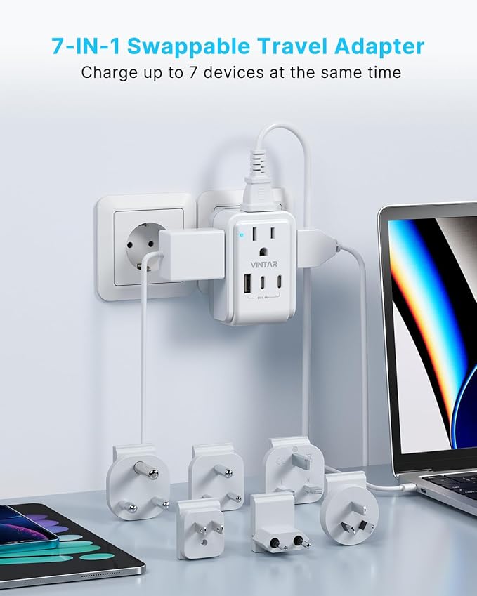 VINTAR Universal Travel Adapter Kit, 0.5ft Detachable Extension Cord with 4 AC Outlets & 3 USB(2 USB C), Type A/C/G/D/I/M International Power Adaptor for US to Europe UK India South Africa Japan