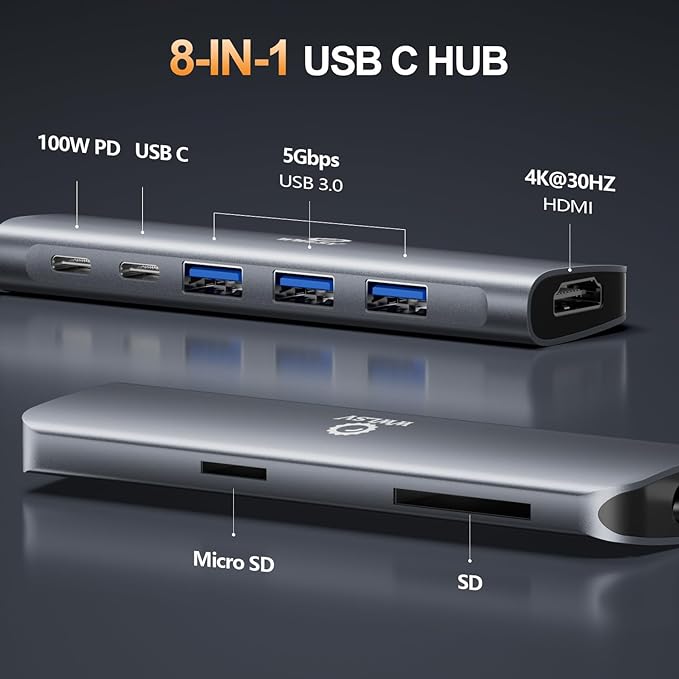 USB C Hub, 8 in 1 USB C Docking Station with 4K HDMI, 3 USB 3.0 Ports, Type-C Port, 100W PD, SD/TF Card Reader, Laptop Docking Station Compatible for MacBook Pro/Air, Dell XPS, HP, Chromebook
