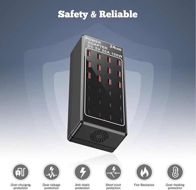 USB Charging Station Block, USB C Charger Station 24-Port 100W(20A), USB A Charger Block, Fast Charger Desktop Station, Multi-Function Smart Charger for Apple iPhone iPad Samsung Laptop Pixel