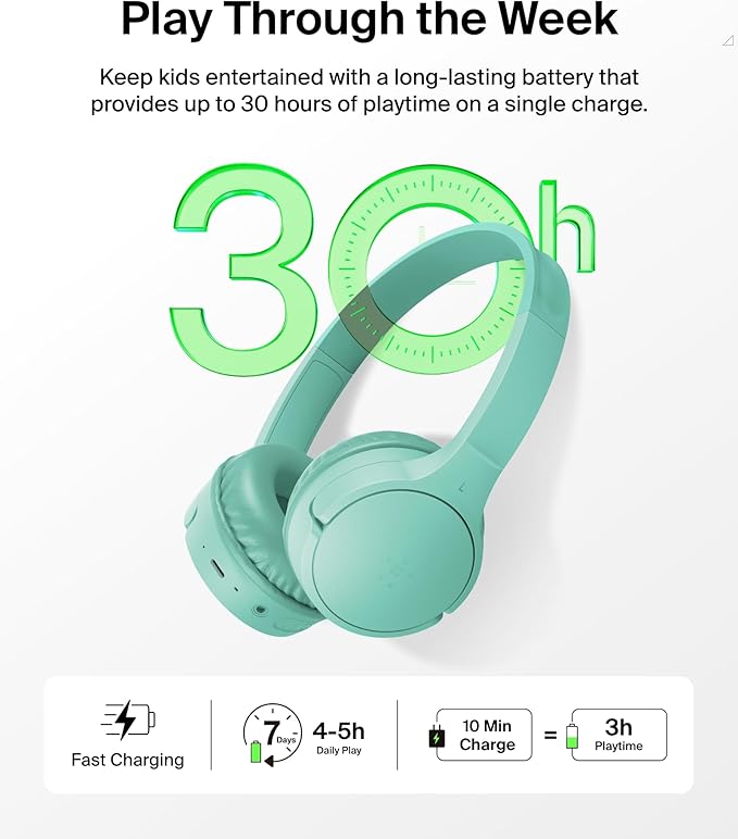 Belkin SoundForm Mini - Wireless Bluetooth Headphones for Kids with 30H Battery Life, 85dB Safe Volume Limit, Built-in Microphone - Kids On-Ear Earphones for iPhone, iPad, & More - Mint w/Case