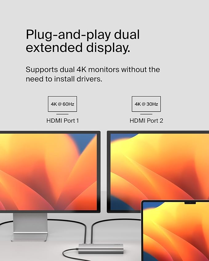 Belkin Connect Universal USB-C 8-in-1 Dual Display Core Hub w/Silicon Motion Technology - Compatible with Mac, Windows, and Chromebook - 100W PD w/ 10Gbps Transfer Speeds & 1GbE Ethernet - Silver