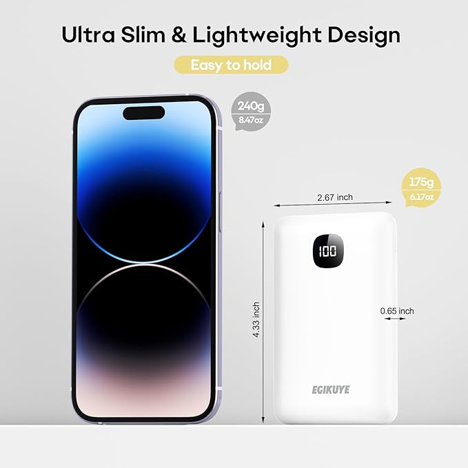 Portable Charger 10000mAh Power Bank with Digital Display, External Battery Pack with Built-in Cables, Ultra-Compact USB-C in&Out Travel Essential for iPhone, Android, Samsung etc