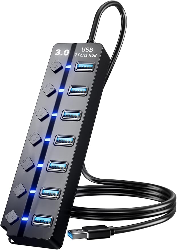 USB 3.0 Hub, PANPEO 7-Port USB Data Hub Splitter with 3ft Long Cable USB Extension for Laptop,PC Computer,Surface Pro, PS4/5, Flash Drive, Mobile HDD - with LED Individual On/Off