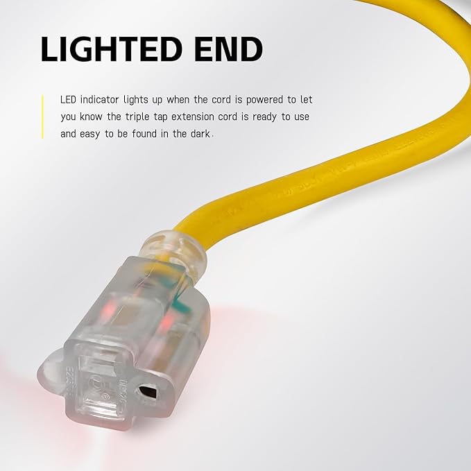 EP 3 ft Lighted Extension Cord - 12/3 SJTW Heavy Duty Yellow Extension Cable with 3 Prong Grounded Plug - 15AMP Power Cord for Lawn, Garden, Appliances