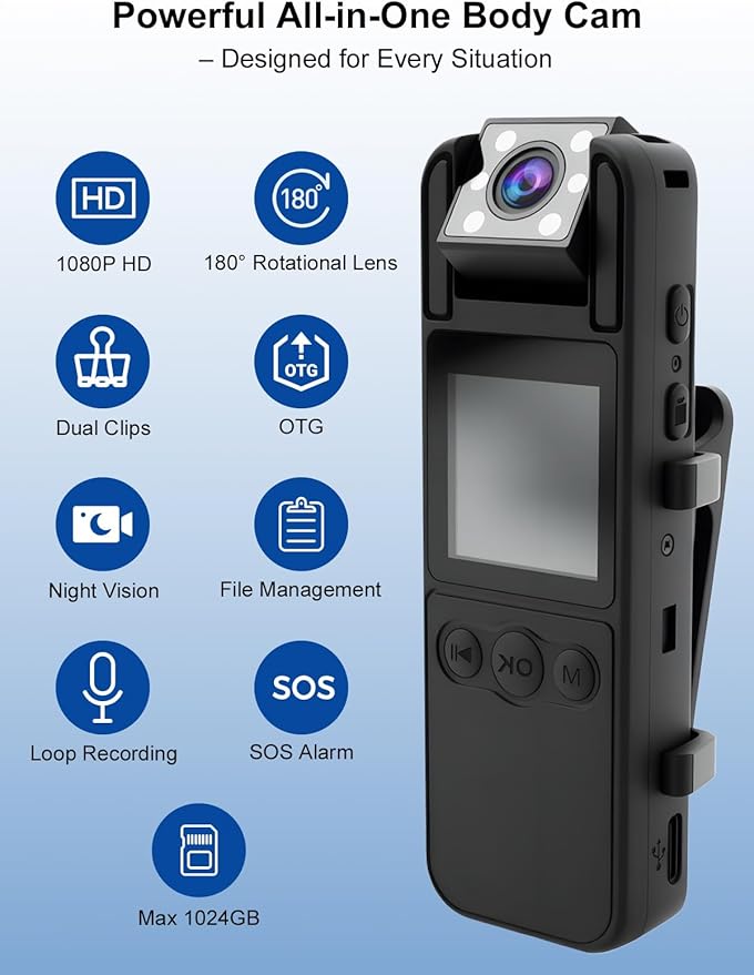 SPIKECAM Computer-Free Body Cameras with Audio and Video Recording, 6 Hrs 1080P Personal Small Bodycam with Photo, Night Vision, SOS Sound, Wearable Body Cam for Security, Running, Biking