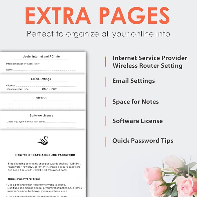 Elegant Password Book with Alphabetical Tabs - Hardcover Password Book for Internet Website Address Login - 5.2" x 7.6" Password Keeper and Organizer w/Notes Section & Back Pocket (Orange)