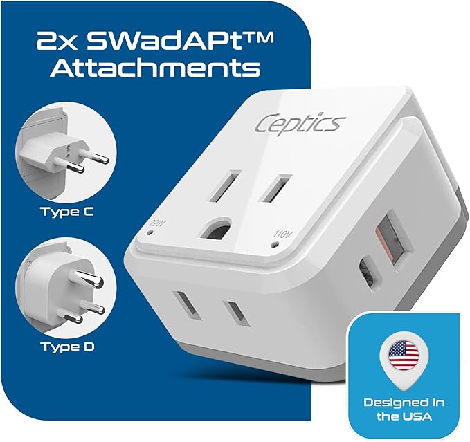 Ceptics India, Maldives Power Plug Adapter Travel Set, 20W PD & QC, Safe Dual USB & USB-C 3.1A - 2 USA Outlet - Compact - Use In Pakistan, Nepal, Bangladesh Includes Type D, Type C SWadAPt Attachments