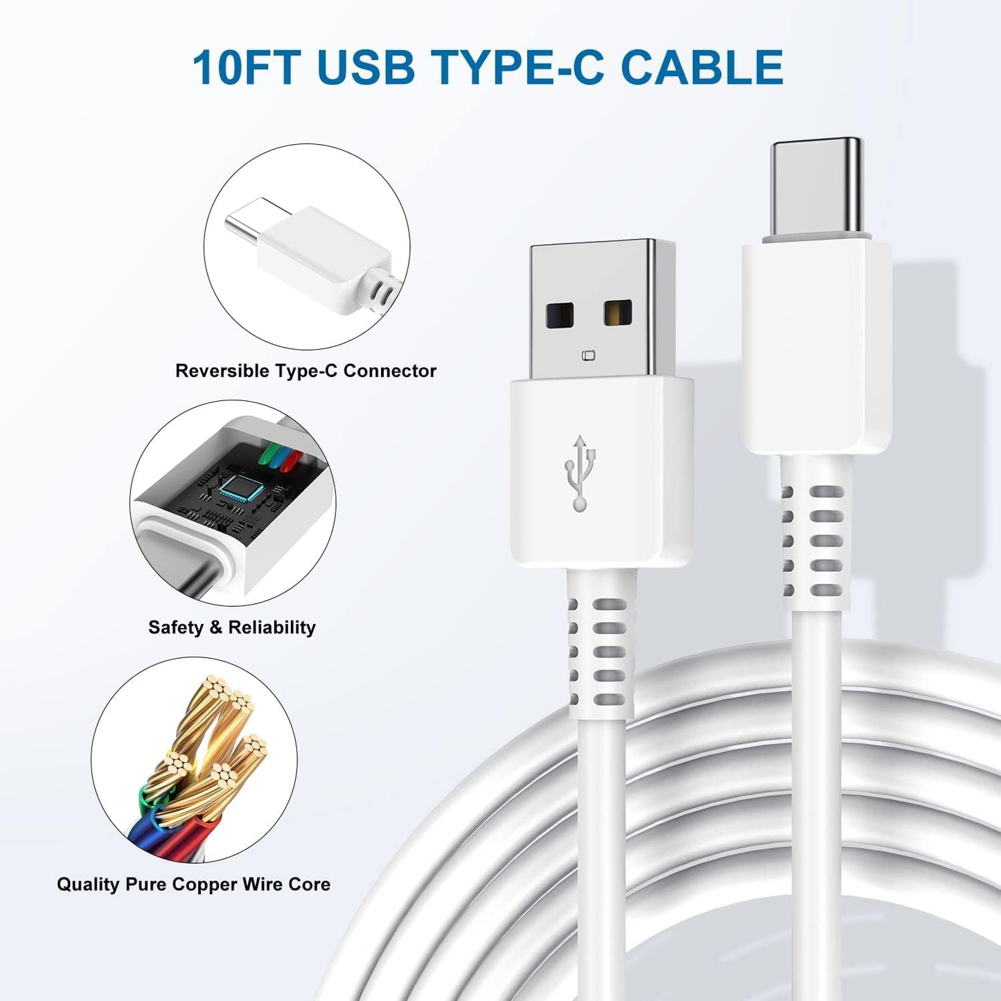 Type C Charger Fast Charging, 2 Pack USB C Android Phone Wall Charger Block & 10ft Charge Cable Cord, for Samsung Galaxy S8 / S9 / S10 Plus Active S10e, S20 / S21 Ultra Plus, Note 8 9 10, Pixel 3 etc