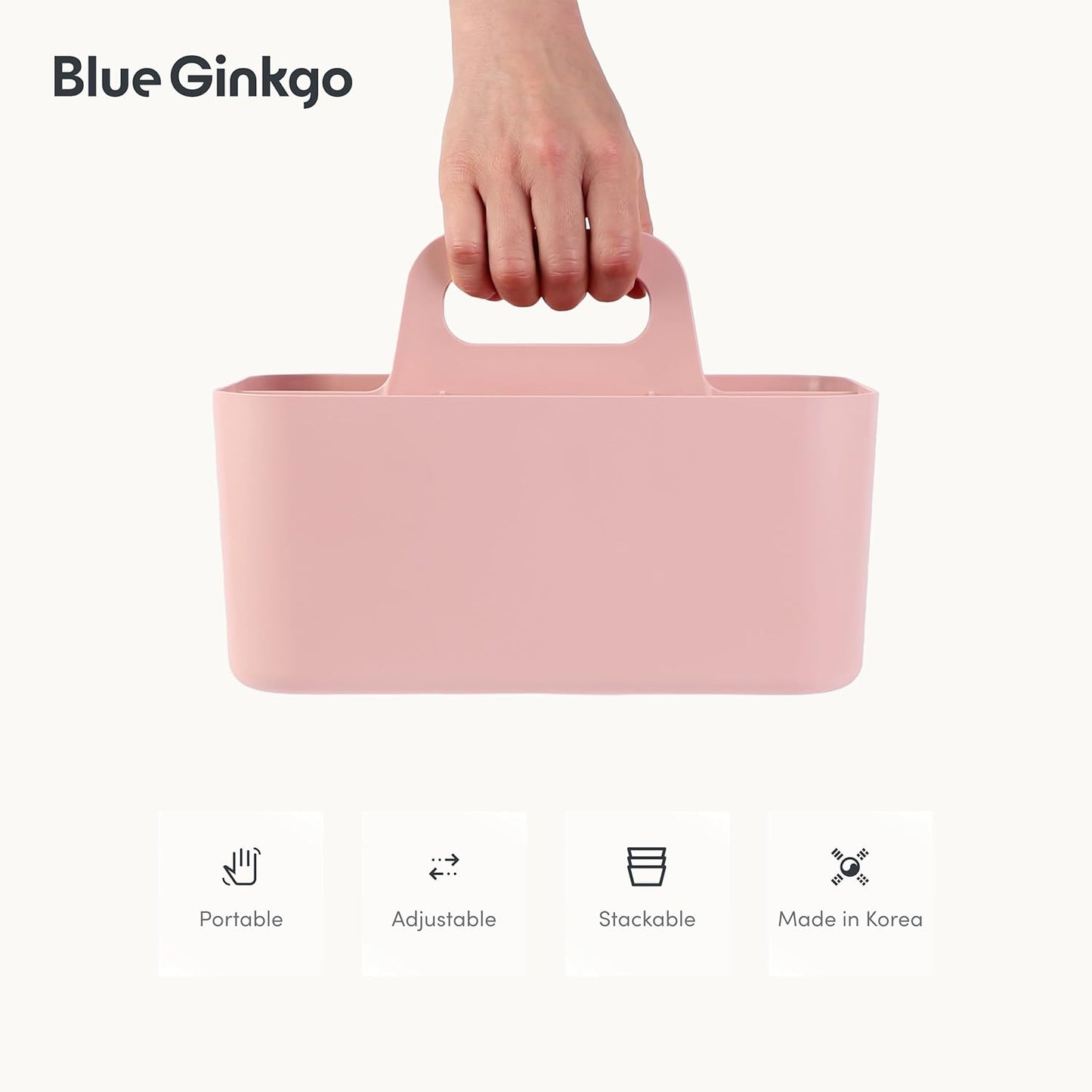BLUE GINKGO Stackable Organizer Caddy – Korean-Made Portable Tote for Bathroom, Office, Crafts, or School Supplies (Rectangle, Pink)