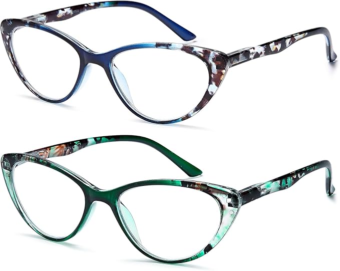 EYEURL Cat Eye Reading Glasses for Women 2 Pack Blue Light Blocking Readers for Ladies Spring Hinge Fashion Pattern +1.50 Anti Eyestrain UV Protection
