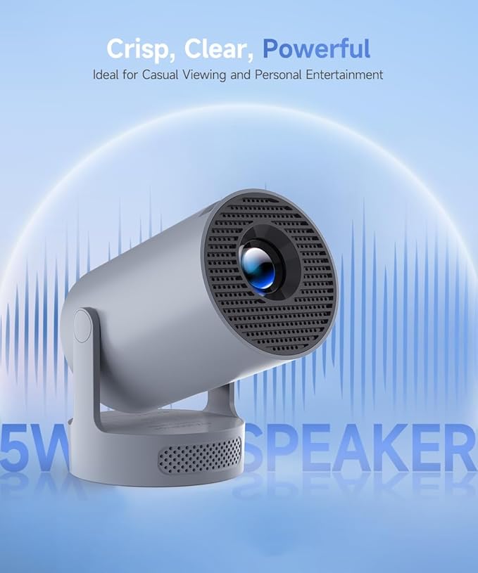 Mini Projector with WiFi 6 and Bluetooth 5.4, Portable Projector 4K support, 5w Soundbase Speaker, Auto Vertical Keystone 180°Rotatable Smart Proyector for Movie Home Outdoor HY300Pro+ (Grey)