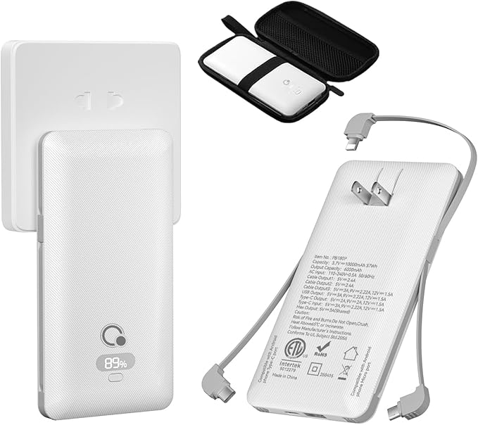 Brand Q 10000mAh Portable Charger with Built-in Cables and AC Wall Plug, USB C Fast Charging Power Bank with 3 Cords,5 Output External Battery Pack Compatible with iPhone,Tablet and All Smart Phones