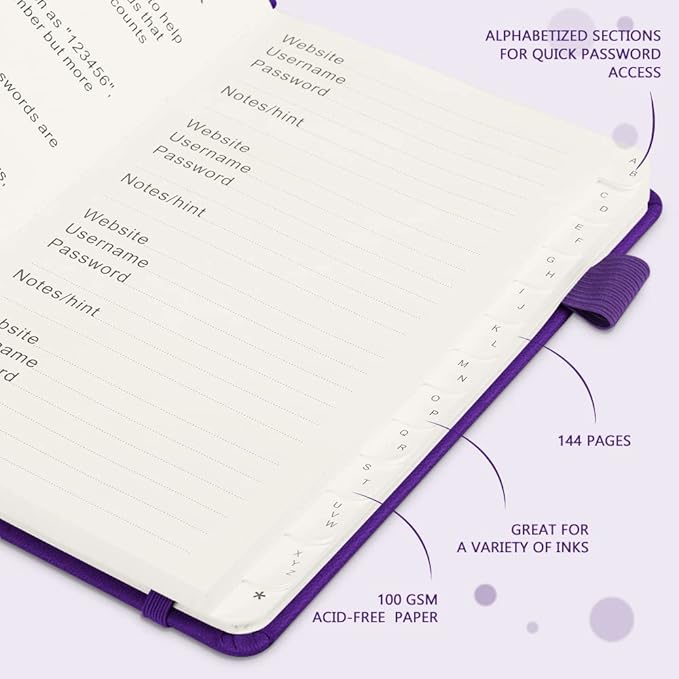 JUBTIC Password Book with Alphabetical Tabs. Medium Size Password Keeper Logbook for Internet Log in, Website Address. Hardcover Password Journal Notebook & Organizer for Home Office, Violet Purple