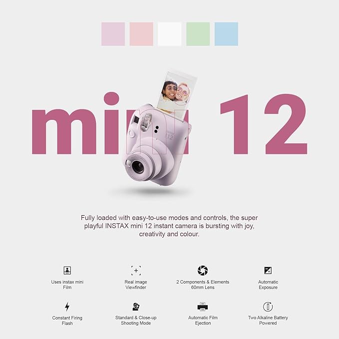 Fujifilm Instax Mini 12 Instant Camera + MiniMate Accessory Bundle & Compatible Custom Case + Fuji Instax Film Value Pack (50 Sheets) Flamingo Designer Photo Album (Pastel Blue)