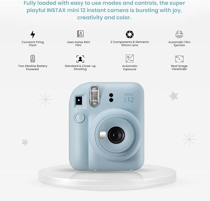 Fujifilm Instax Mini 12 Instant Camera Bundle - Includes 20 Shots Film, Custom Case, Deluxe 60-Pocket Photo Album & BluebirdSales Accessories - Auto Exposure, Selfie Mirror, Pastel Blue