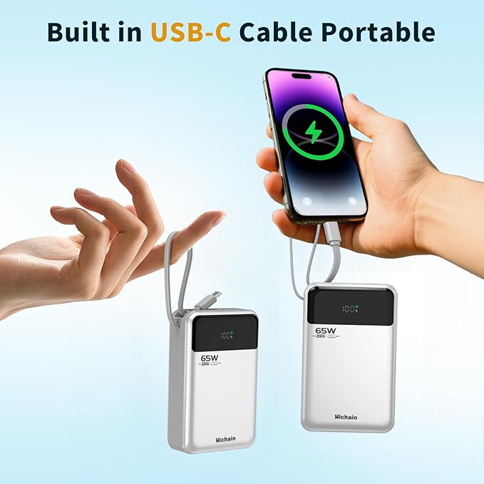 Hichain Laptop Power Bank 65W 20000mAh Portable Charger with Built-in USB-C Cable, 3-Port Fast Charging Battery Pack for MacBook iPhone 17 16/15 Series Android Switch Travel Essential Silver