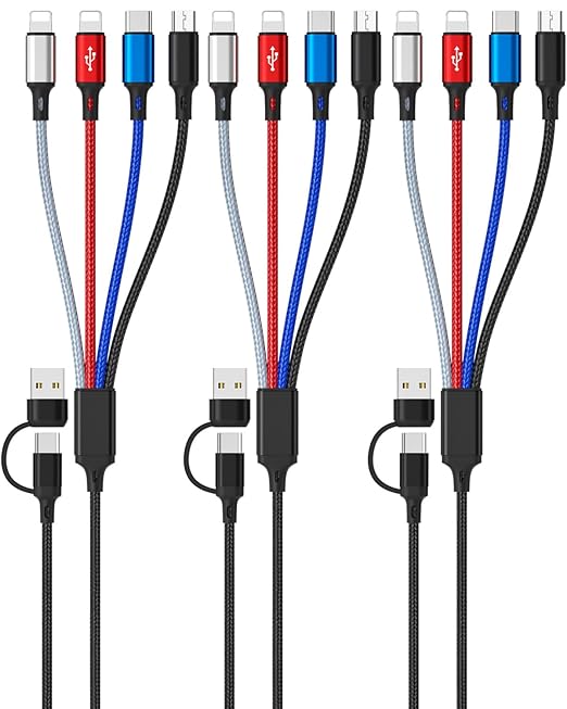 Travel Essentials, Multi Charging Cable, 3Pack 6FT iPhone Charger Camping Essentials Nylon Braided Type C Cable Cord 2*Lighting/Typc C/Micro USB Port i-Phone 17 Charger Cords for i Phone 17/16/15