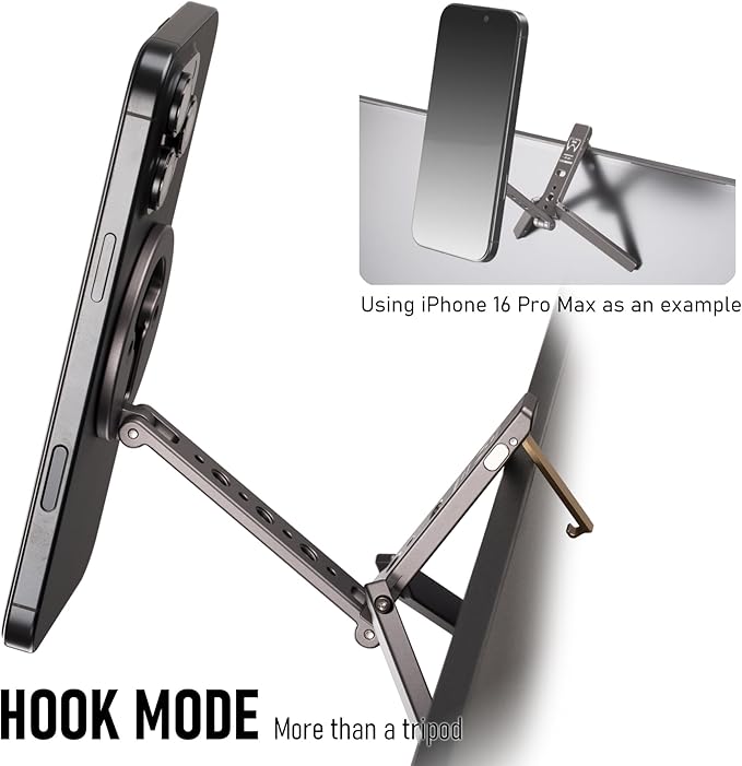 Magnetic Tripod for iPhone 12/13/14/15/16/17 & MagSafe Cases | Handy Phone Stand | 20 N52 Magnets Inside, Cold Shoe Mount, 1/4" Screw & Foldable Hook