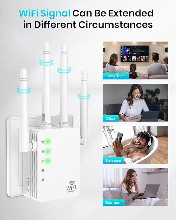 WiFi Extender, WiFi Extender Signal Booster Dual-Band(5.8G&2.4G) Wireless Repeater Coverage to 12880 sq. ft & 105 Devices, 1-Tap Setup, Supports Ethernet Port, Faster Speed