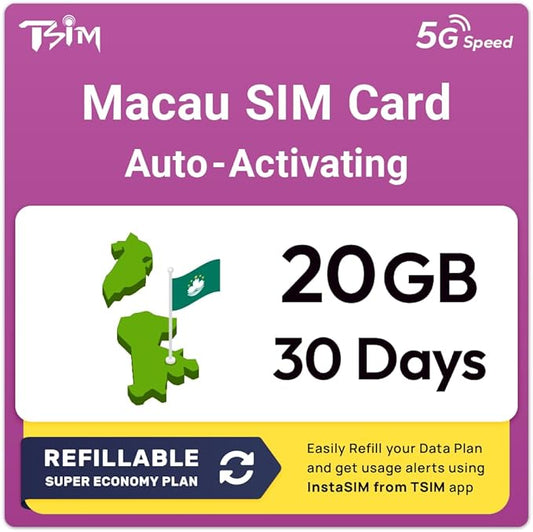 Macau SIM Card | 20GB Super Economy Refillable Plan! Auto Activating 30 Day Validity | 5G Speed + Hotspot | Data-Only No Phone Number