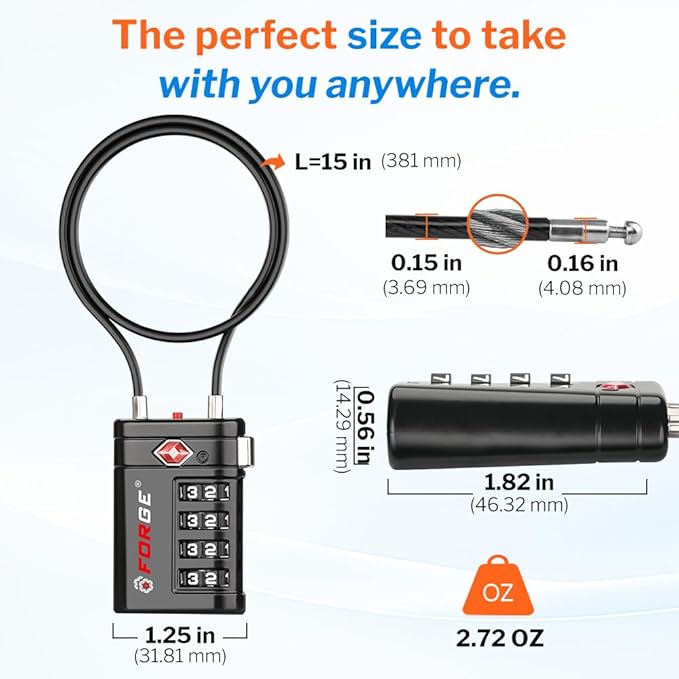 Forge TSA Approved Luggage Locks 4 Digit Combination TSA Travel Locks with TSA008, Open Alert Indicator, Zinc Alloy Body for Luggage, Suitcase, Backpack, and More. 1 15'' Cable Locks.