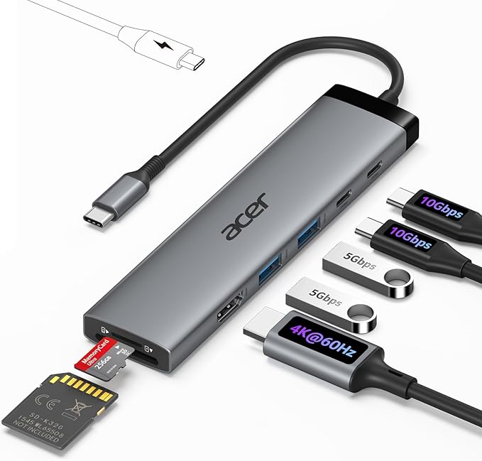 Acer 8 in 1 USB C Hub 10Gbps, USBC to HDMI Adapter 4K@60Hz, 2×USB-C 3.2, 2×USB A 3.0 Data Transfer, 100W PD Port Type C Multiport Splitter with SD/TF Card Reader, for Laptop, PC, Desktop, iPad Pro