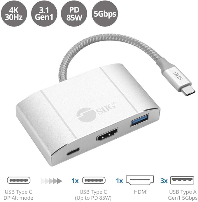 SIIG USB-C Hub with 4K 30hz HDMI, 85W Laptop Charging, and 3X USB 3.1 Gen 1 Type A Ports - 5-in-1 Video Adapter Docking Station - for MacBook Pro, Surface Pro 6/7 and USB-C Laptops (JU-H30612-S2)