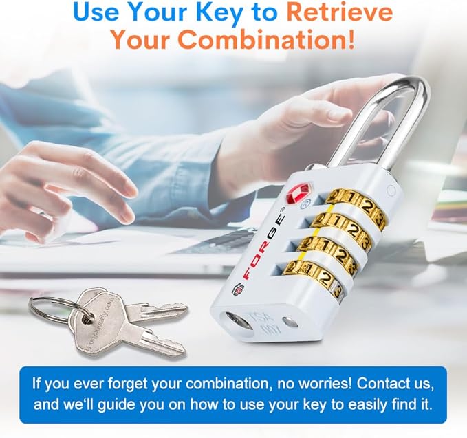 Forge Dual-Opening: Key or Combination Access Lock, TSA Approved Locks for Luggage, Pelican case, Travel, Gym, School, Stainless Steel Shackle. (White, 2 Pk)