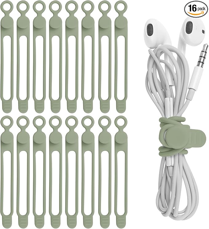 Nearockle 16Pcs Silicone Cable Straps Wire Organizer for Bundling Earphone, Phone Charger, Computer Cords, Reusable Cable Ties Cord Organizer in Home,Office,Kitchen,School(Green)