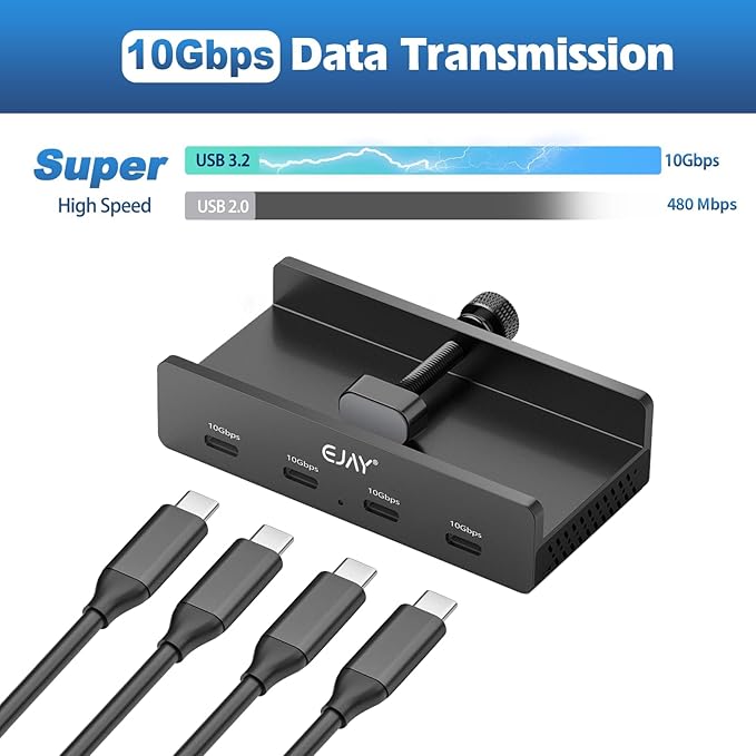 10Gbps USB C Hub - EJAY 4Ports Aluminum USB 3.2 Docking Hub Clamp Design for Desk/Computor with Extra Power Supply Port and 47inches Long Data Cable&39inches Power Cable (BJ-4C-BK)