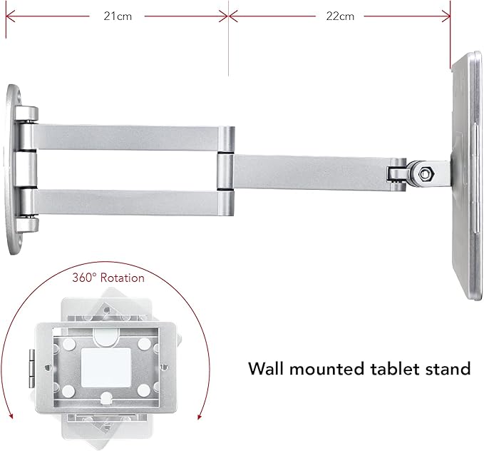 Tablet Wall Mount Bracket with fold for iPad 10.2-Inch (9th,8th,7th Gen.), Extend Adjustable Arm Swivel with Anti Theft Security Lock and Key, Multi Angle, Rotate Design,Metal (Silver)