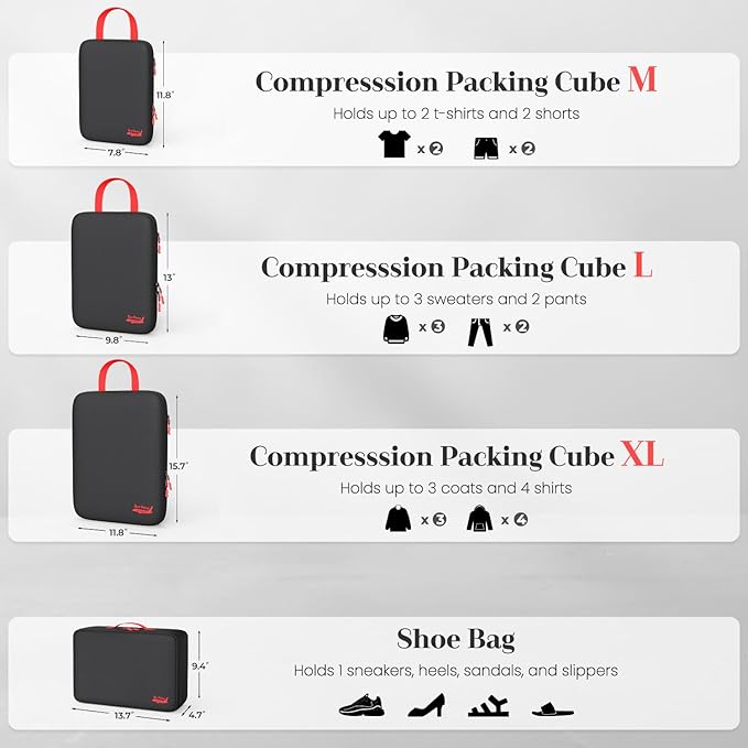 11 Set Compression Packing Cubes for Travel, Waterproof Organizer Set with Hanging Underwear & Toiletry Bag, Shoe/Boot Bag, Hair Tools Organizer, Laundry Bag & Digital Pouch (Black)
