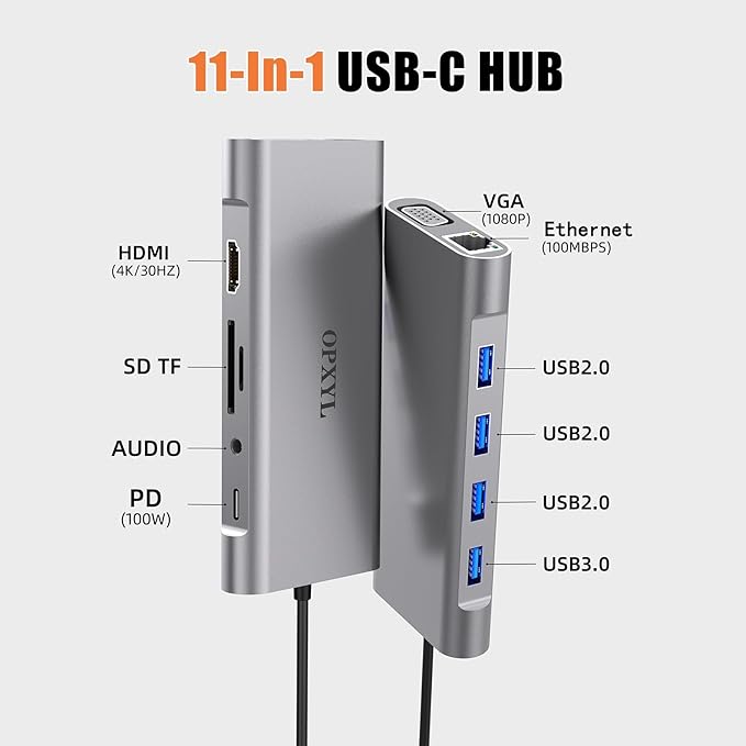 11-in-1 USB C Hub Multiport Adapter, USB C Docking Station with 4K HDMI, VGA 1080P, 100W PD, Ethernet, SD/TF, Audio, USB 3.0 Port, Laptop Dock for MacBook Pro/Air, iPad, Windows